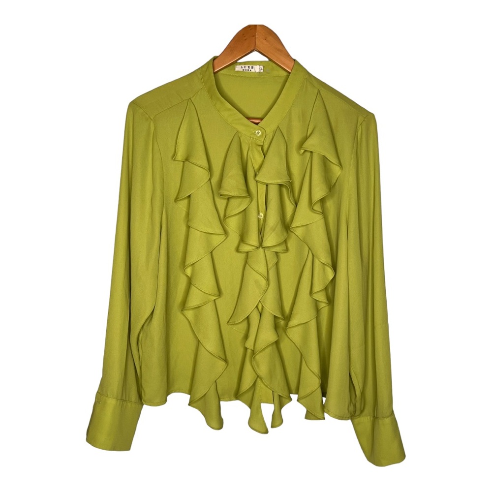 Luxe Moda Lime Green Ruffled Long-Sleeve Blouse. Size XL. - Picture 10 of 10